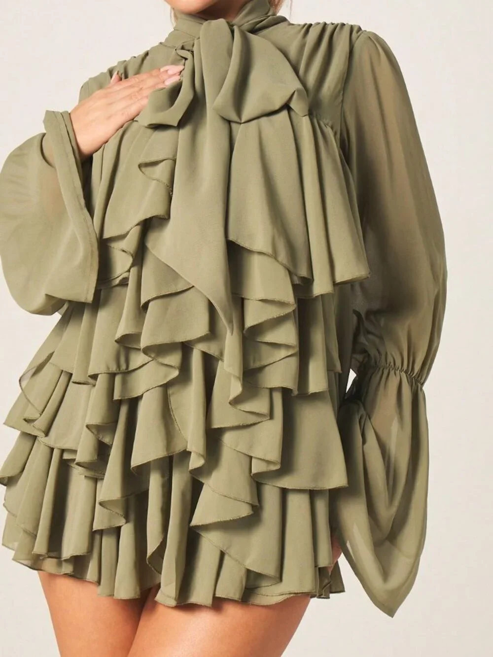 Olive Green Elegant Women's Chiffon Dress with Balloon Sleeves